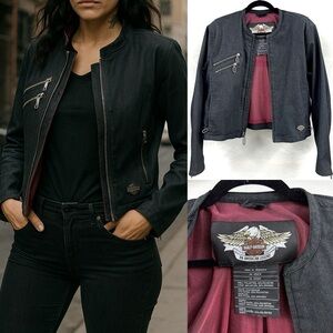 Harley Davidson Women’s Black Denim Riding Jacket Size L - Zip Motto Biker Style